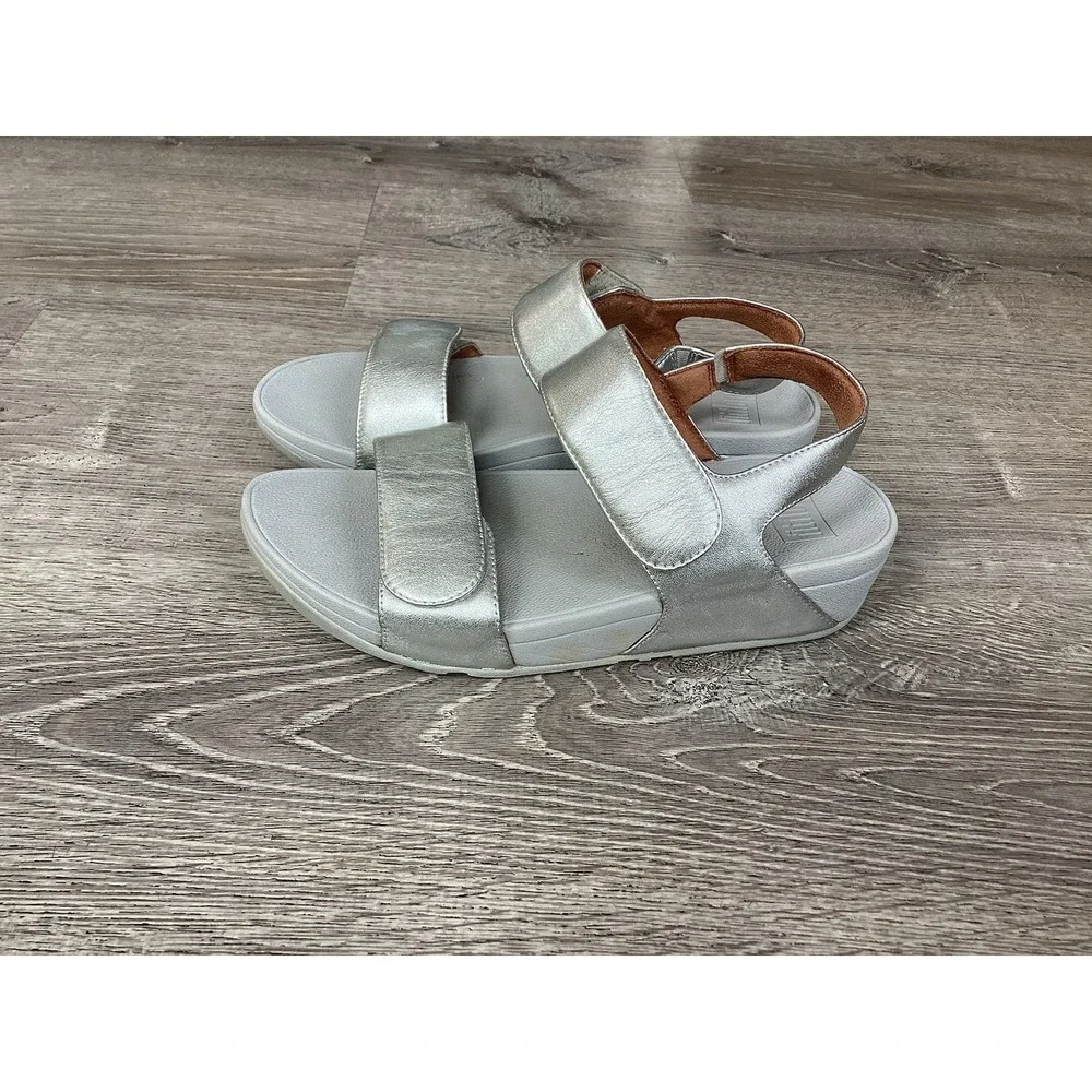 FitFlop Lulu Slide Sandals Women size 8.5 Silver Leather Adjustable Slip On
